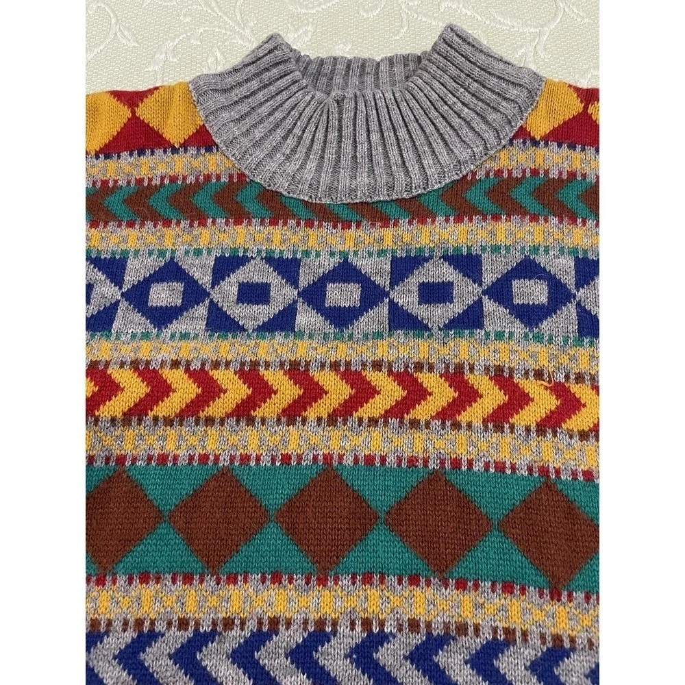 Vintage Lerner! Sweater Womens Large Multicolor Geometric Mock Neck 80s‎